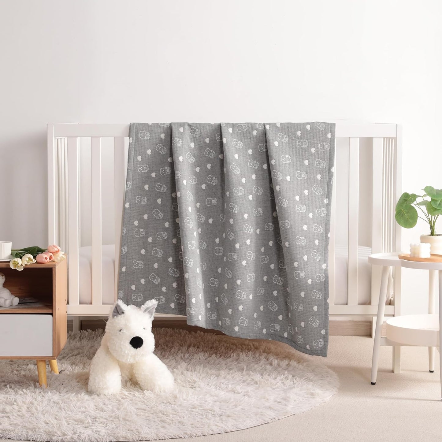 NTBAY 3 Layer Muslin Cotton Toddler Blanket, Jacquard Reversible Nursery Bed Blanket, Super Soft and Thermal for All Seasons, Decoration Gift, 30"x40", Dark Grey Rabblt