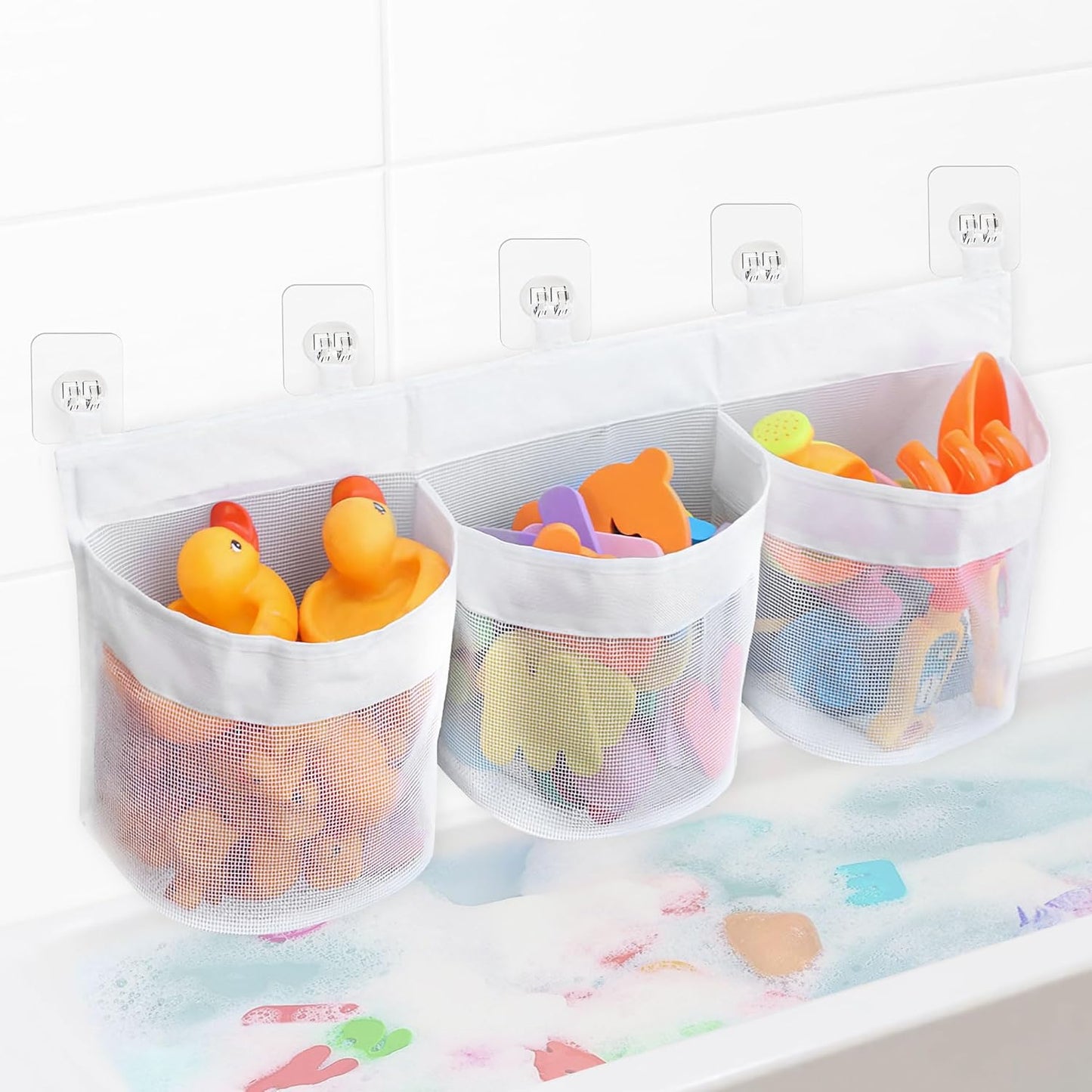 Bathtub Toy Storage, 3 Compartments Bath Toy Holder, Bath Toy Organizer with 5 Hooks Convenient Suspension, Mesh Material Bathtub Toy Storage Keeps Toys Dry & Breathable, Develop Children's Habits