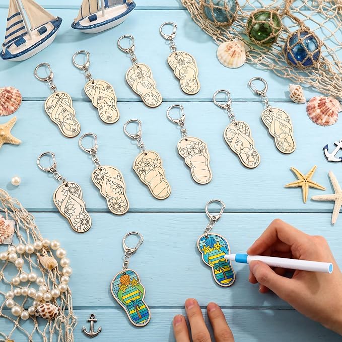 RattanView 24 Pcs Flip Flop Slipper Craft Color Your Own Keychains DIY Craft