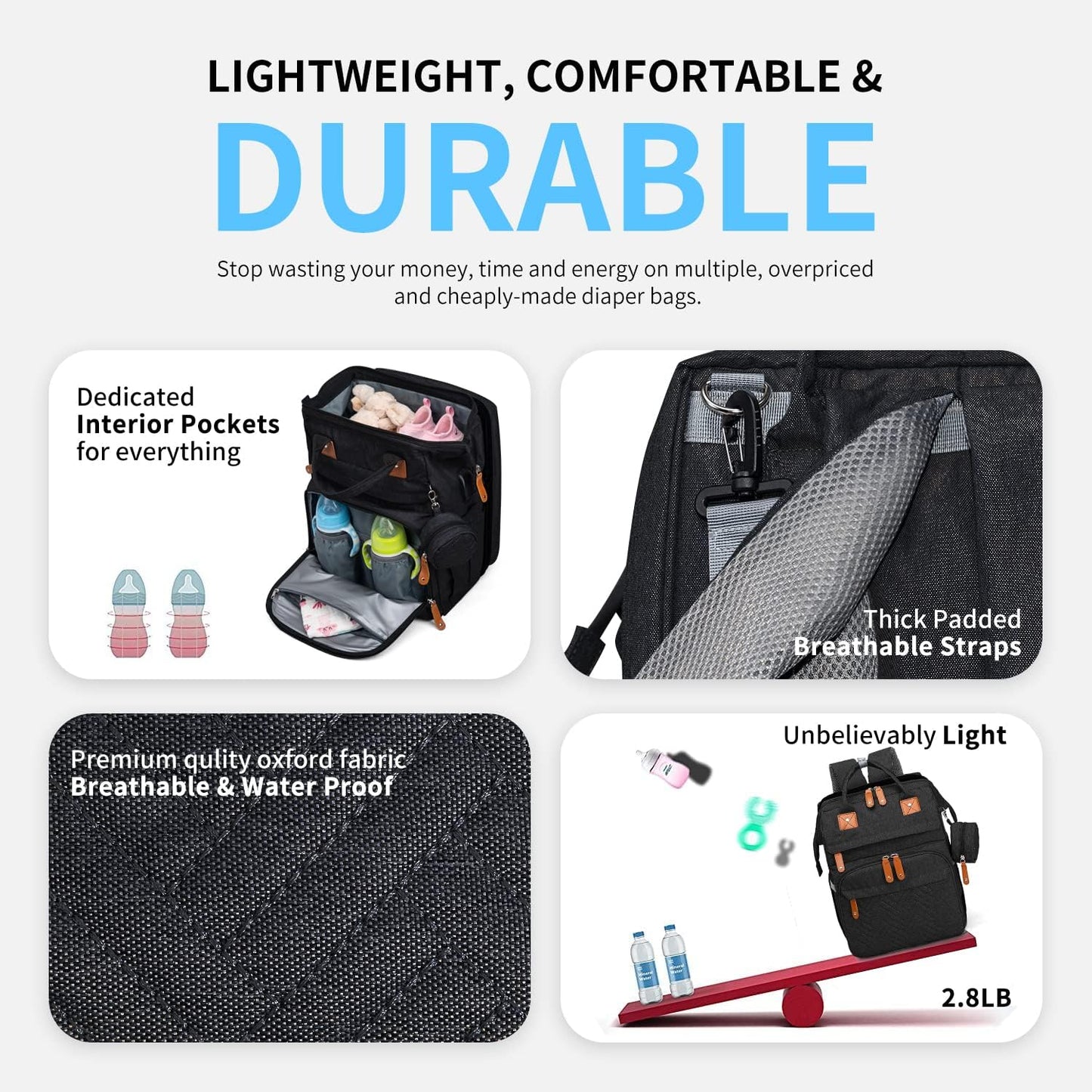 KABAQOO Diaper Bag Backpack with Detachable Changing Station, Large Capacity Baby Diaper Bags for Boys & Girls, Baby Registry Search Stuff & Shower Gifts, Newborn Essentials Must Haves, Black-2s