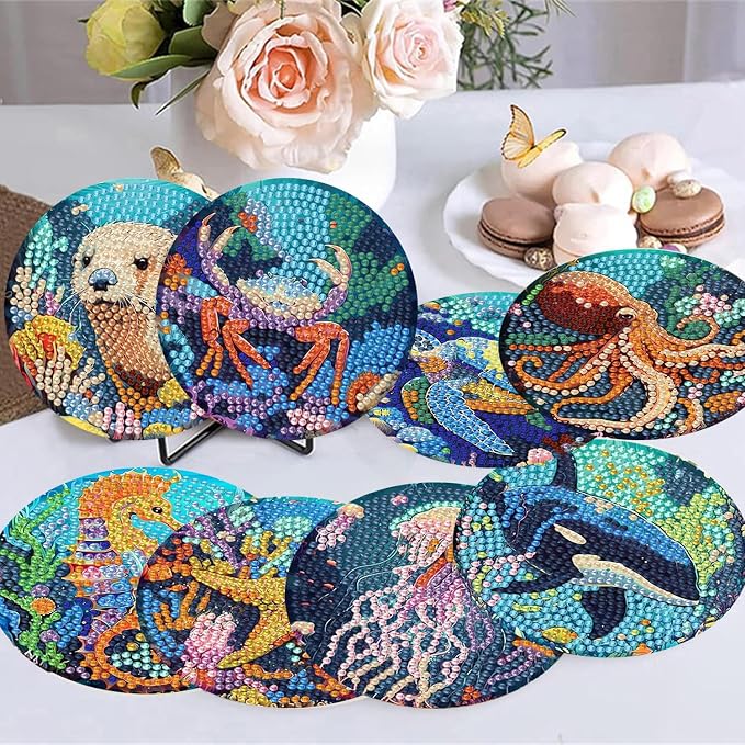 8 Pack Diamond Art Coasters, Ocean animal Diamond Painting Coasters Kits |