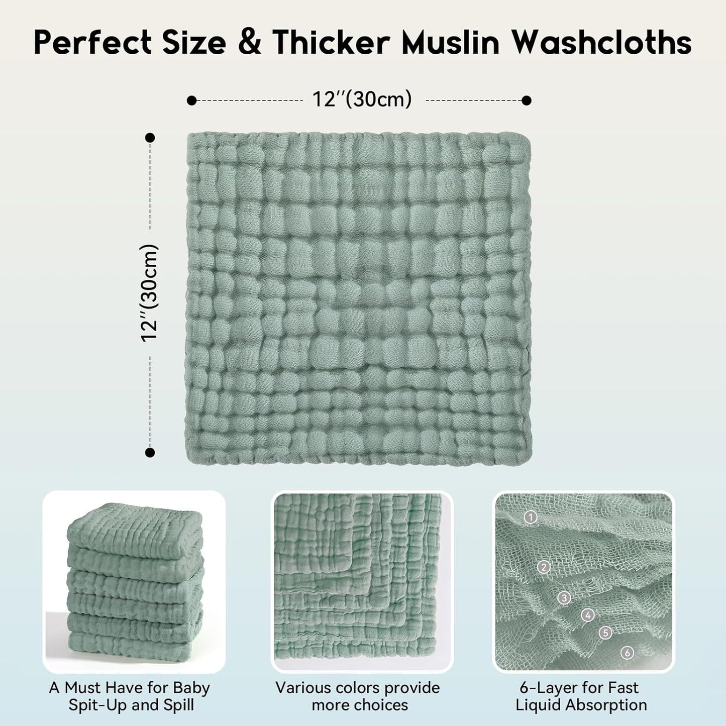 Muslin Baby Washcloths 6 Pack, 100% Cotton Wash Cloths for Babies, Large 12''X12'' Burp Cloths Absorbent and Soft for Newborn Infants Kids Boys Girls - Dark Green