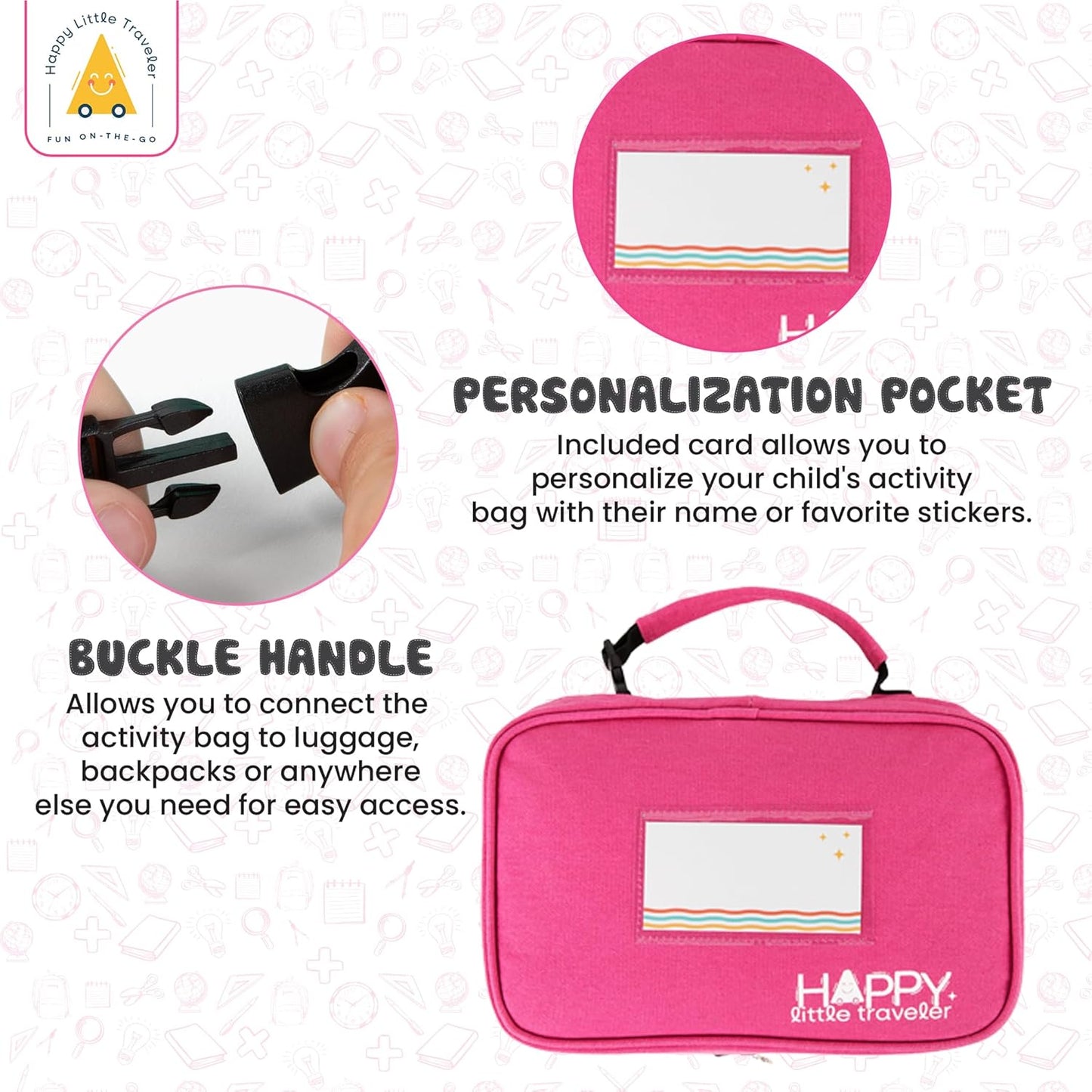 Travel Essentials for Kids – All-in-One Hanging Bag with Kid Toys, Road Trip Activities for Kids, Sensory Toys & Travel Games for Airplane Trips, Car Rides, Gifts for Boys & Girls Ages 4+ (Pink)