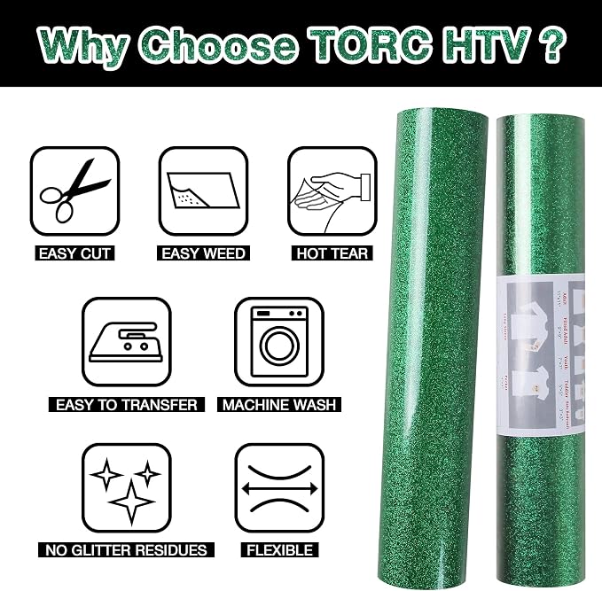 TORC Green Glitter HTV Heat Transfer Vinyl Roll 12 inch x 20 ft Iron on Vinyl