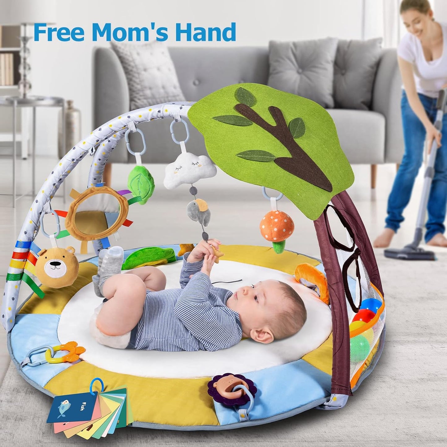 Lupantte Baby Gym Play Mat with 9 Toys for Sensory and Motor Skill Development Language Discovery, Thicker Non-Slip Activity Ball Pit, Green Tree Newborns, Babies to Toddlers as Gift