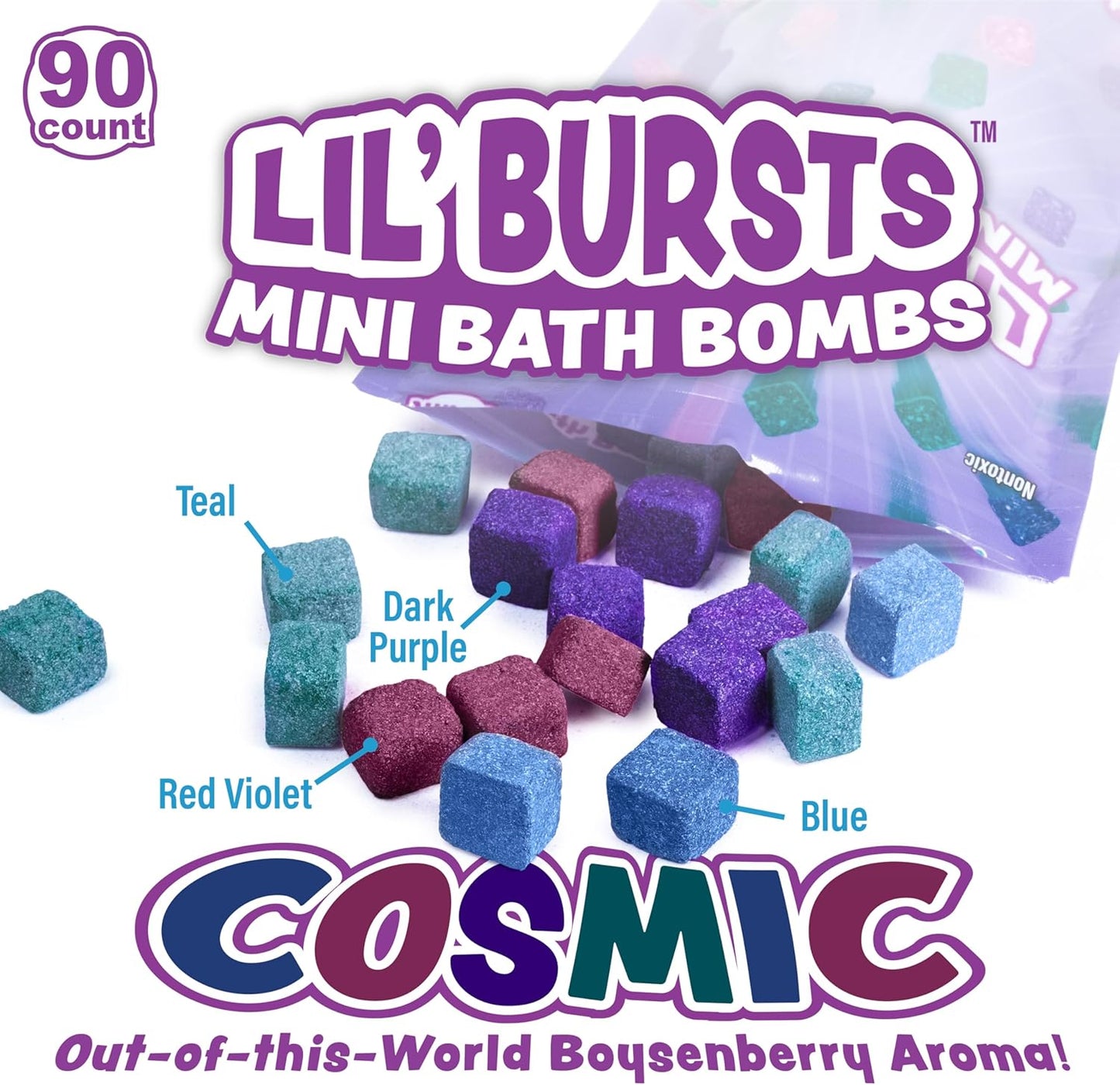 Tub Works Lil' Bursts Mini Bath Bombs for Kids, 90 Count, Cosmic | Nontoxic | Tiny With A Burst of Color, Foam & Bubbles | Customize With Fun Colors | Create Bath Art