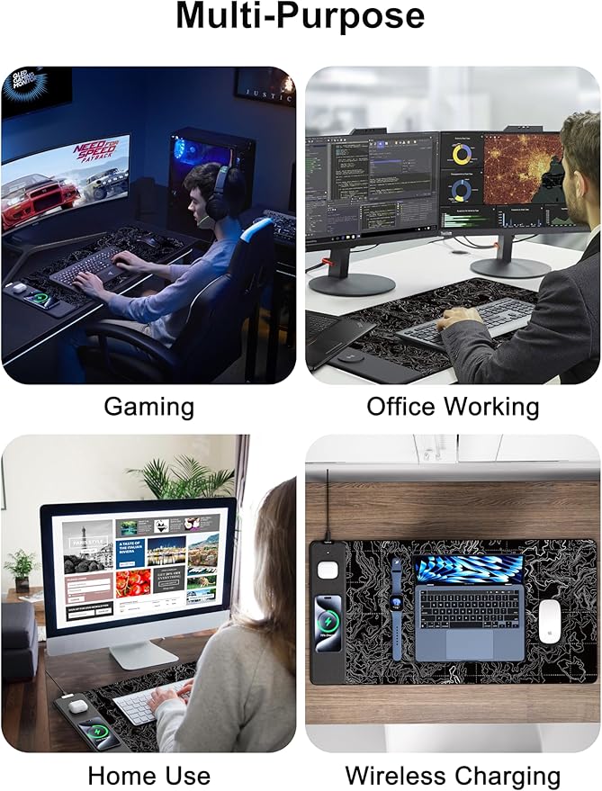TopMade Mouse Pad with 15W Fast Wireless Charging, 31.5"x15.75" XXL Large Gaming Waterproof Desk Pad with Ultra-Smooth Surface, Non-Slip Base, Computer Desk Mat, Black Topographic Map #3