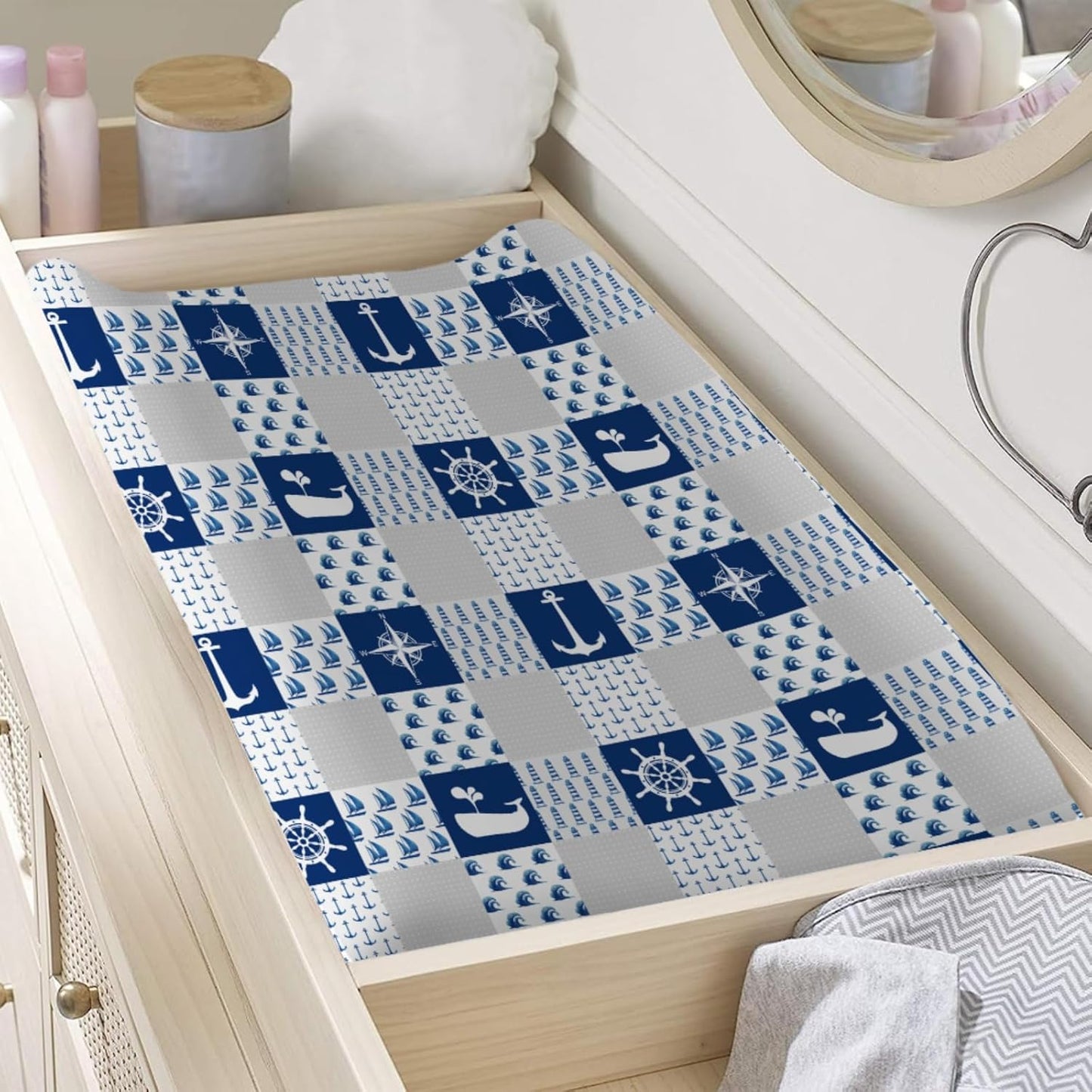 Nautical Life Changing Pad Cover Navy Lighthouse Compass Anchor Whale Wave Diaper Changing Table Cover Sheets for Boys Girls Soft Stretch Fitted Diaper Change Mat Cover 32''x16''