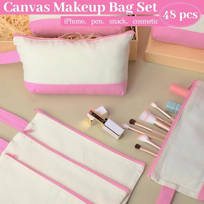Silkfly 48 Pcs Cotton Canvas Makeup Bags Cosmetic Zipper Bags 10.2 x 5.5 x 2''