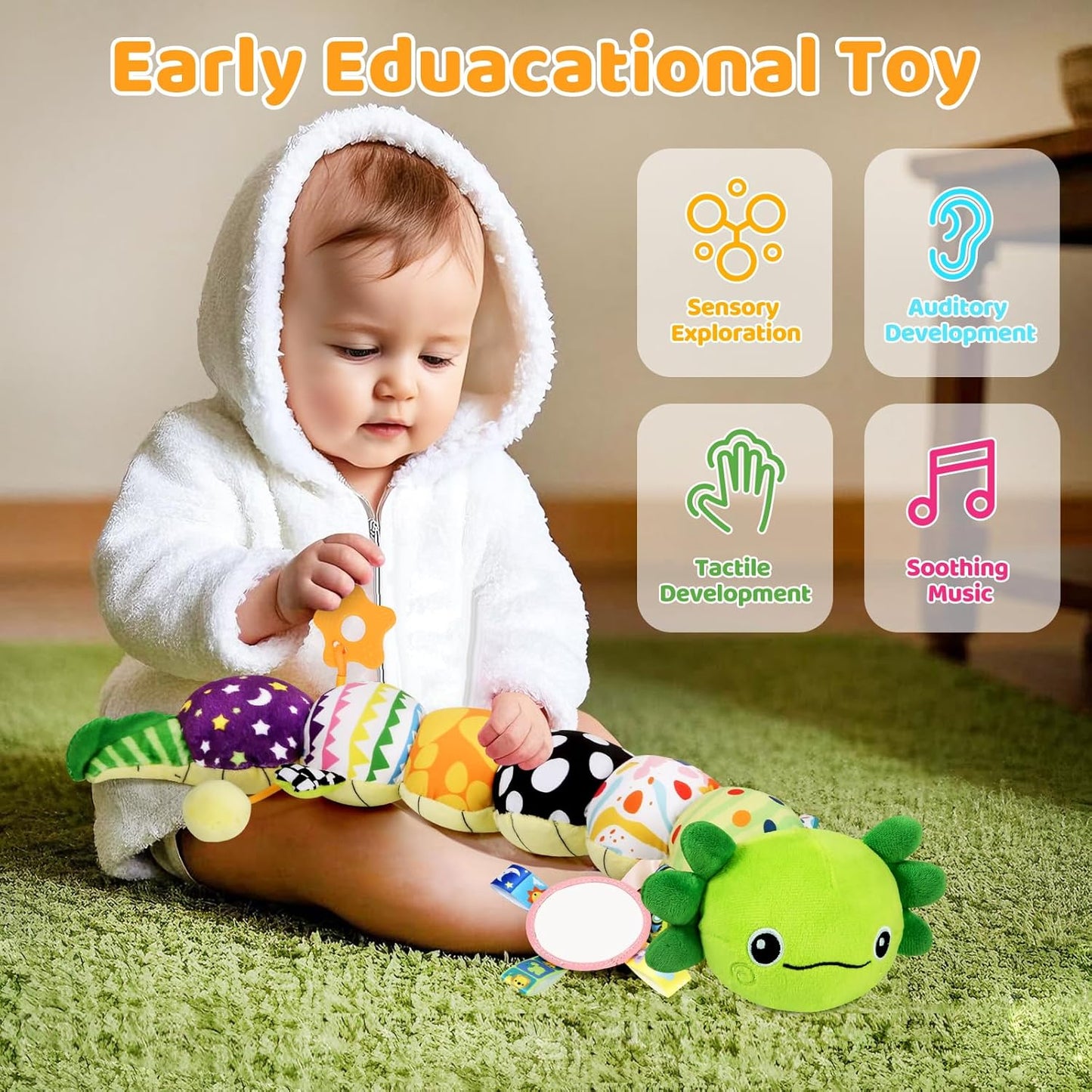Baby Toys for 0-6 6-12 Months, Plush Axolotl Toy with Crinkle and Rattles for Infant Newborn, Sensory Music Animal Stuffed Toy for 0 1 2 3 4 5 6+ Month, Tummy Time Toys Gifts for 0-3-6-12 Months,Green