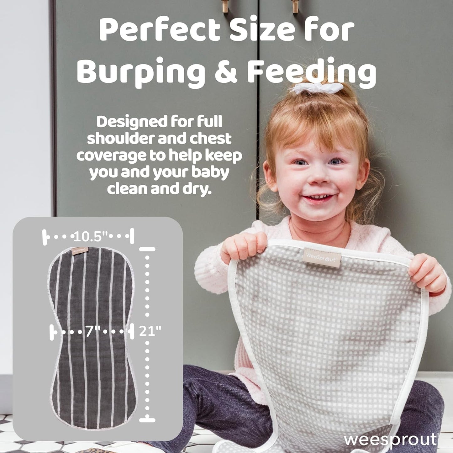 WeeSprout Unisex Organic Towel Cotton Burp Cloths, Set of 4, Four Ultra-Absorbent Layers Keep Clothes Dry, Button Transforms into Baby Bib, Machine Washable & Dryer Safe (White Set, Full)