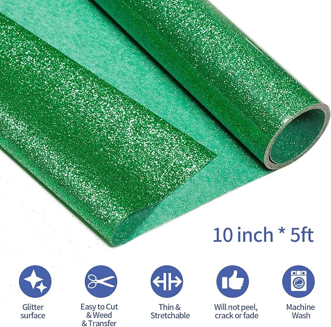 VINYL FROG Green Glitter Heat Transfer Vinyl Roll 12" x5ft Green Iron on Vinyl