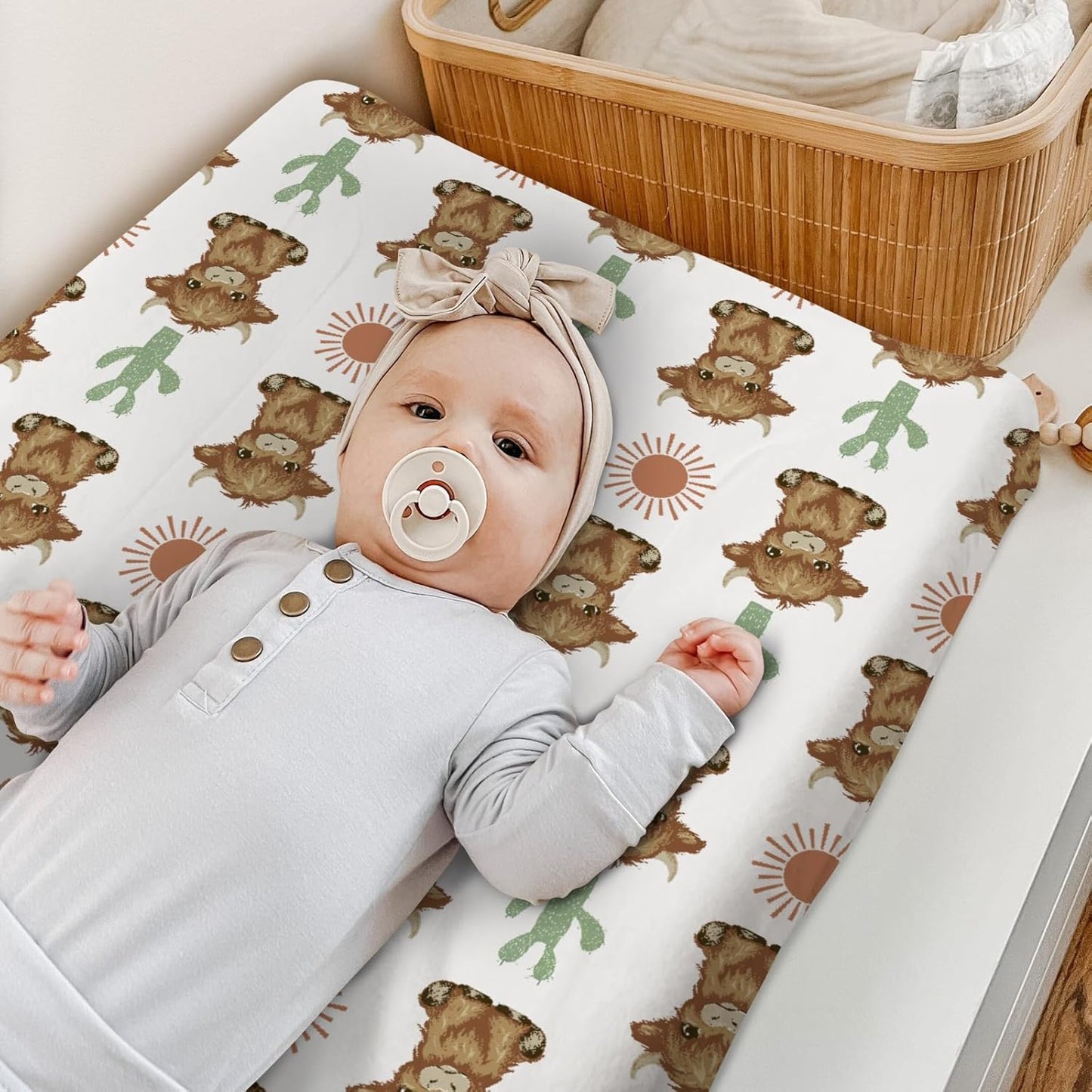 HawSkgFub Highland Cow Boho Cactus Sun Changing Pad Cover for Baby Girls Boys, Western Hyland Cattle Diaper Change Table Covers, Soft Stretchy Safe Snug Fitted Changing Mat Sheets Fit 32"/34" x 16"