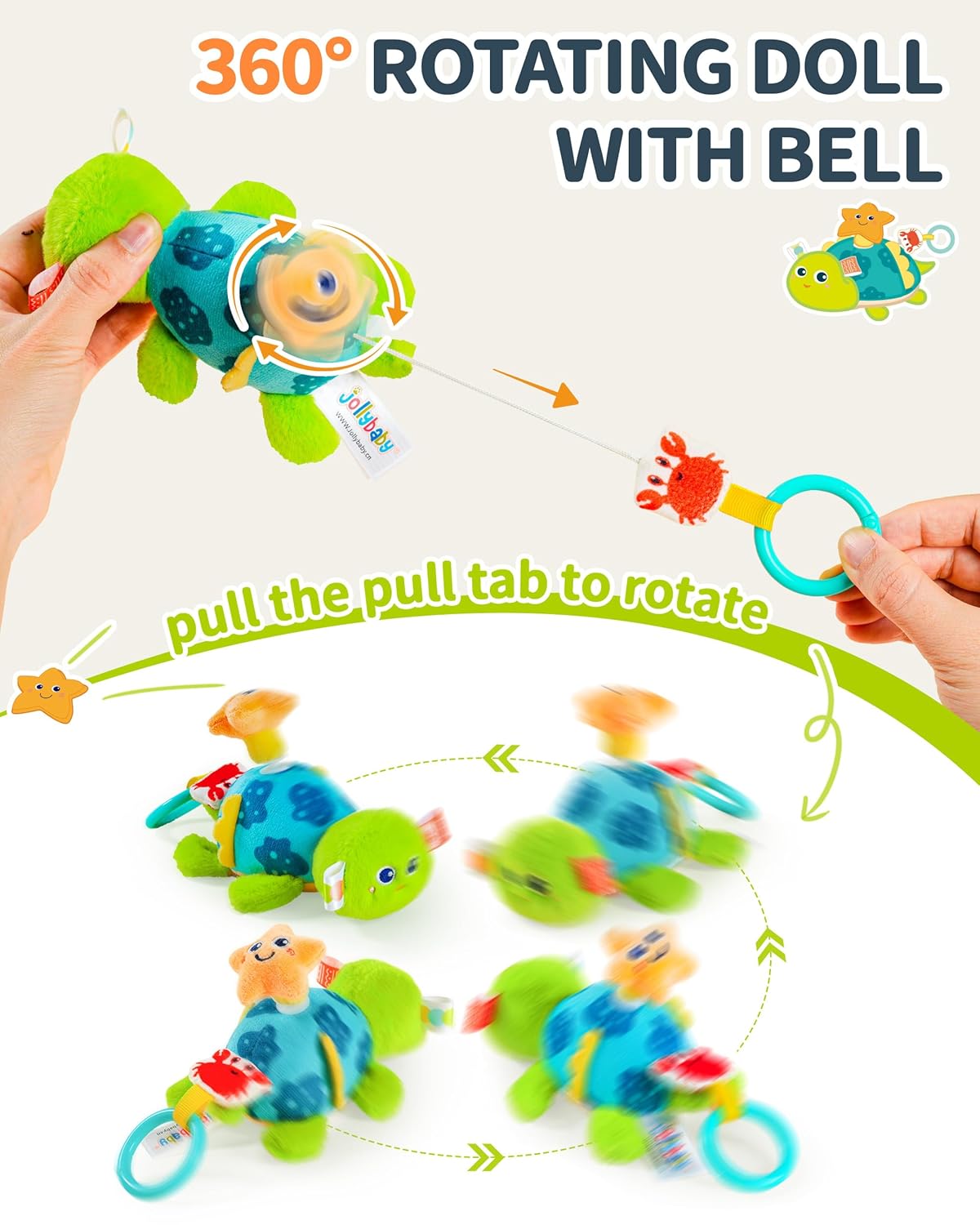 Jollybaby Baby Rattles & Soft Plush Spinner Toy for Babies 0-3-6-12 Months, Sensory Developmental Toys for Newborn 0-2-4-7-8-9 Months, Baby Shower & Birthday Gifts - Turtle
