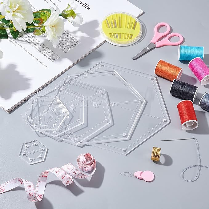 BENECREAT 6Pcs Mixed Sizes Hexagon Quilting Template Transparent Pressure Plate