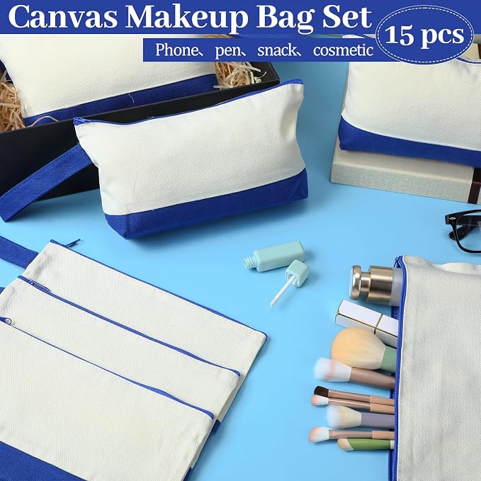 Silkfly 15 Pcs Cotton Canvas Makeup Bags Cosmetic Zipper Bags 10.2 x 5.5 x 2''
