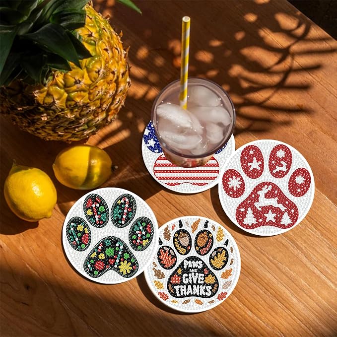 8 PCS Diamond Art Coasters Kit, Cute Paw-Shaped Diamond Painting Coasters