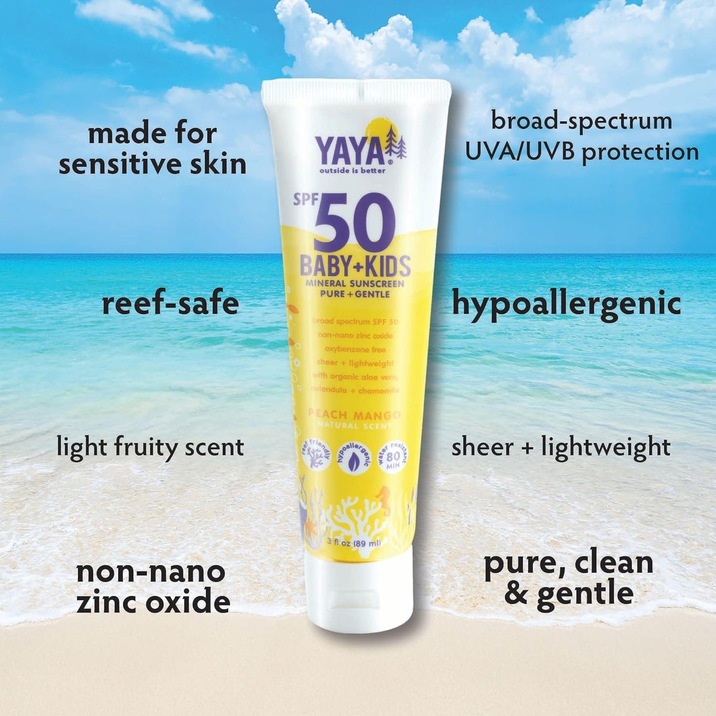 YAYA ORGANICS Baby + Kids Mineral Sunscreen Lotion, SPF 50, Reef-Friendly, Non-Nano Zinc Oxide, Water-Resistant, Hypoallergenic, Pure + Gentle for delicate skin, 3 oz