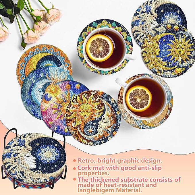 8 PCS Diamond Art Coasters Kits Sun and Month Diamond Painting Coaster |