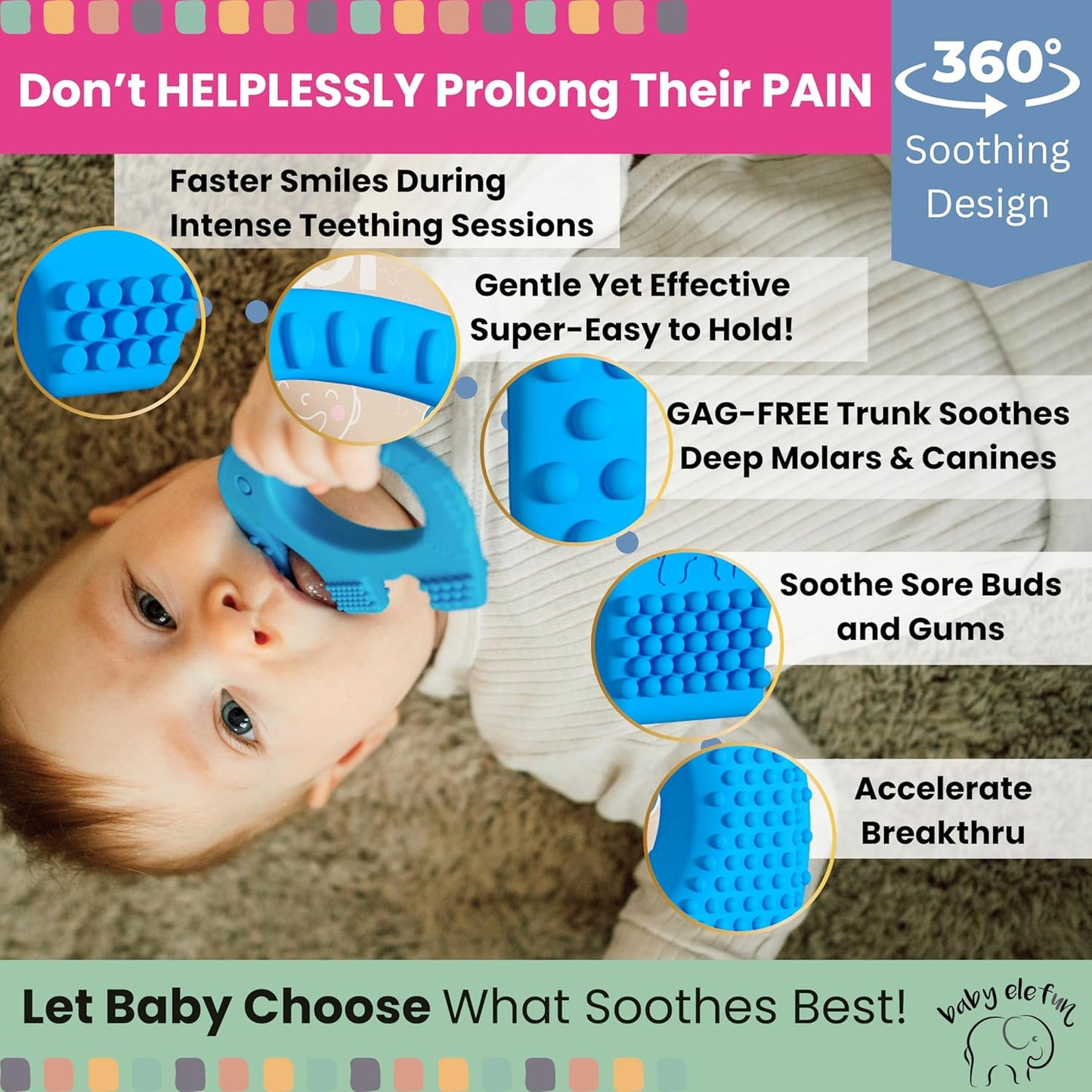 Baby Elefun Baby Teething Toys 5X Pain Relief Zero Delay 0-6 Months Blue