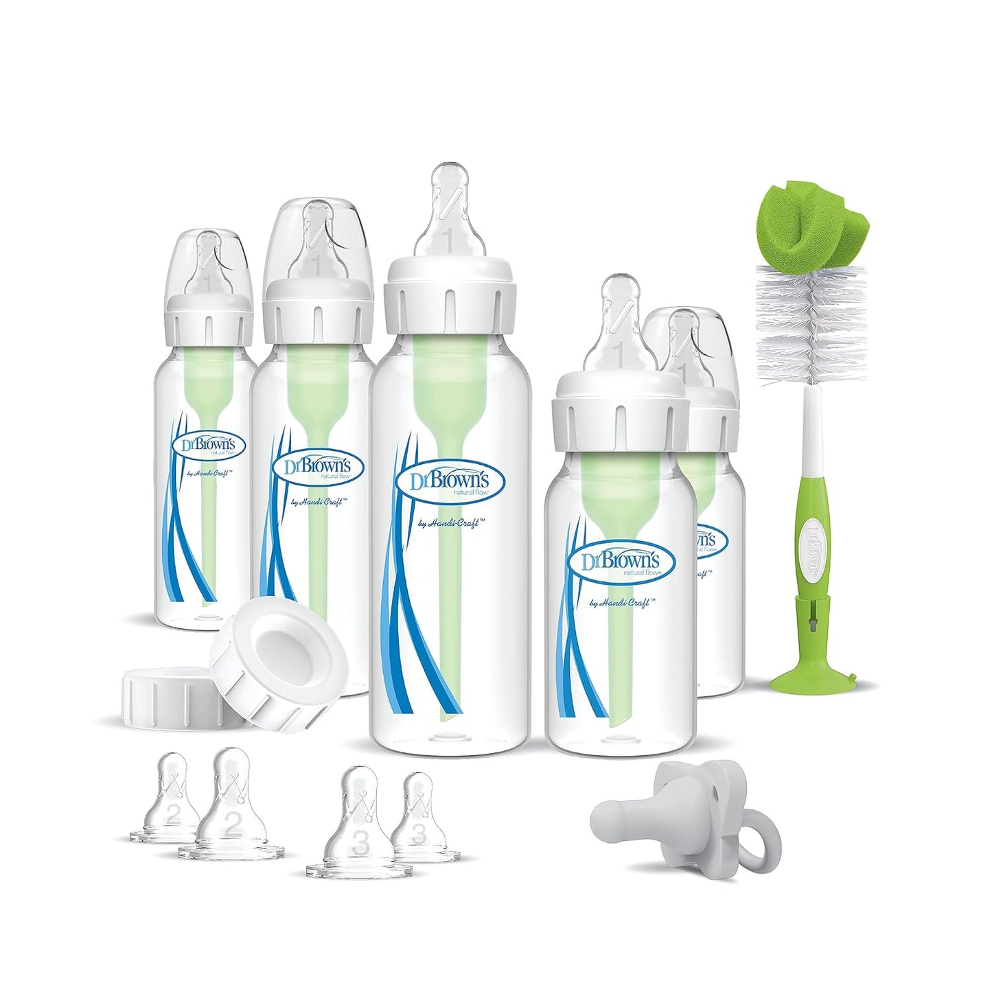 Dr. Brown's Anti-Colic Options+ Newborn Essentials Gift Set with 4oz and 8oz Baby Bottles, Baby Bottle Brush and HappyPaci