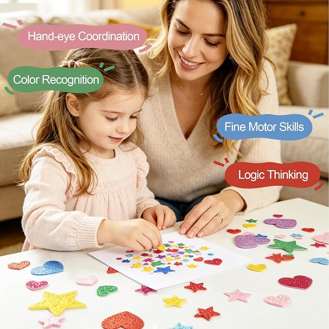 BEISHIDA 1040 PCS Glitter Foam Stickers, Heart Stars Shapes Self-Adhesive