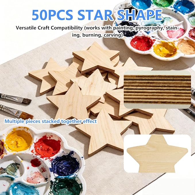 50PCS Wooden Star, Made of Basswood, 4 Inch Unprocessed Wood Pieces, Natural