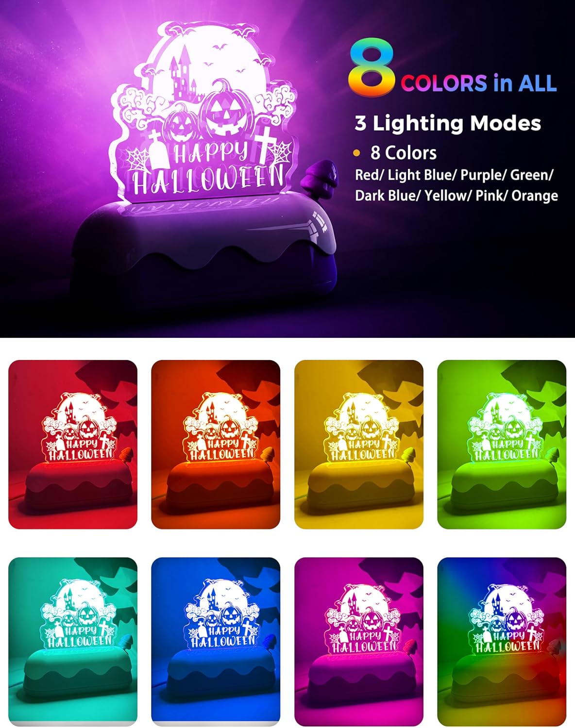 LOHAS Halloween Night Light for Kids, Pumpkin Night Lights, USB Rechargeable, Color Changing RGB, Lamp for Adults, Children, Room Décor