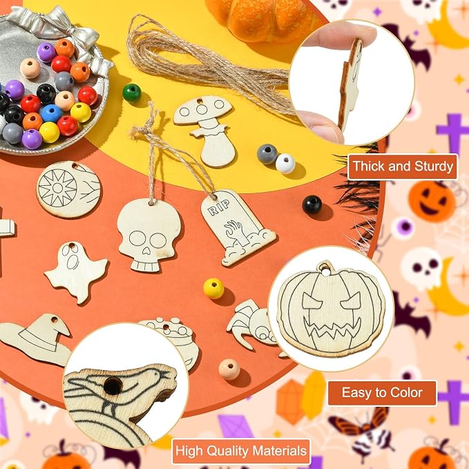 54 pcs Mixed Styles Halloween Theme Unfinished Wood Cutout Charms Cross Spider