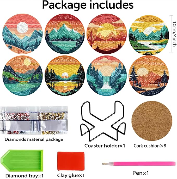 Clendo 8 Pcs Landscape Diamond Art Coasters Kit