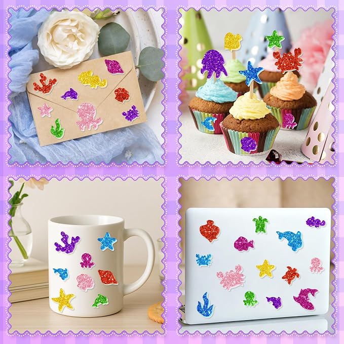 744PCS Glitter Foam Stickers, Colorful Sea Animal Stickers, Self-Adhesive Foam