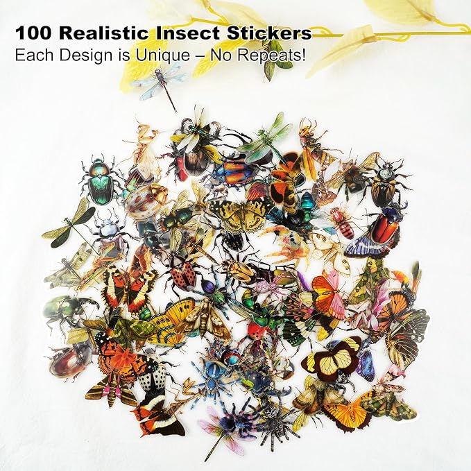100PCS Insect Specimen PET Stickers – Bug-Themed Waterproof Decals Featuring