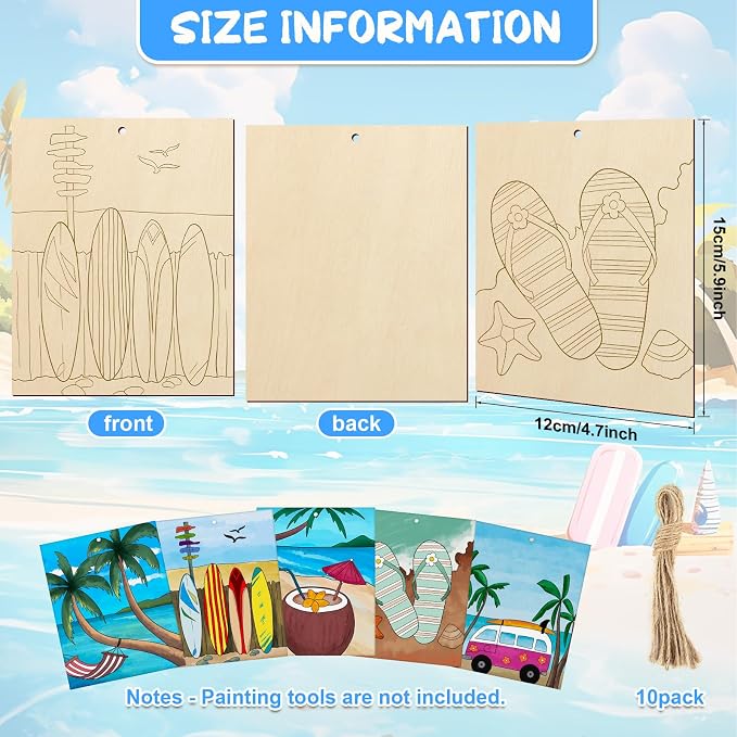 COCHIE 10 Pieces Large Summer Unfinished Wood Crafts to Paint