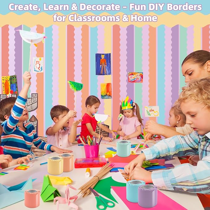 6 Rolls 196.8 Ft Pastel Bulletin Board Borders – Scalloped Classroom Summer
