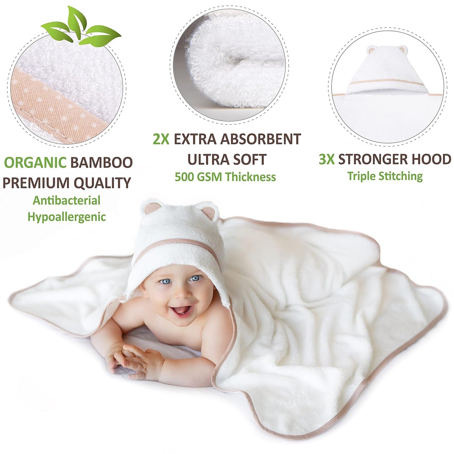 Premium Baby Bath Towel - Rayon Made from Bamboo Hooded Baby Towels - Newborn Baby Towel with Hood - Large Hooded Towel for Newborn Infant Boy Girl (White)