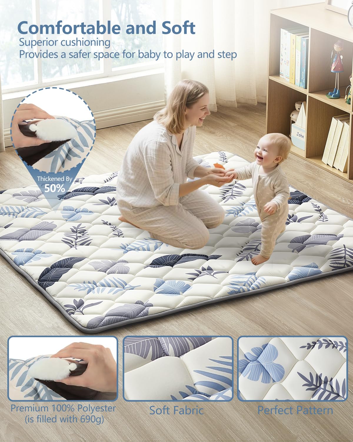 Baby Play Mat 47"x47", Non-Slip Baby Mat for Floor, Soft Thicker Playpen Mat, Portable Playmat, Crawling Mat for Babies, Toddlers & Infants to Play and Learn
