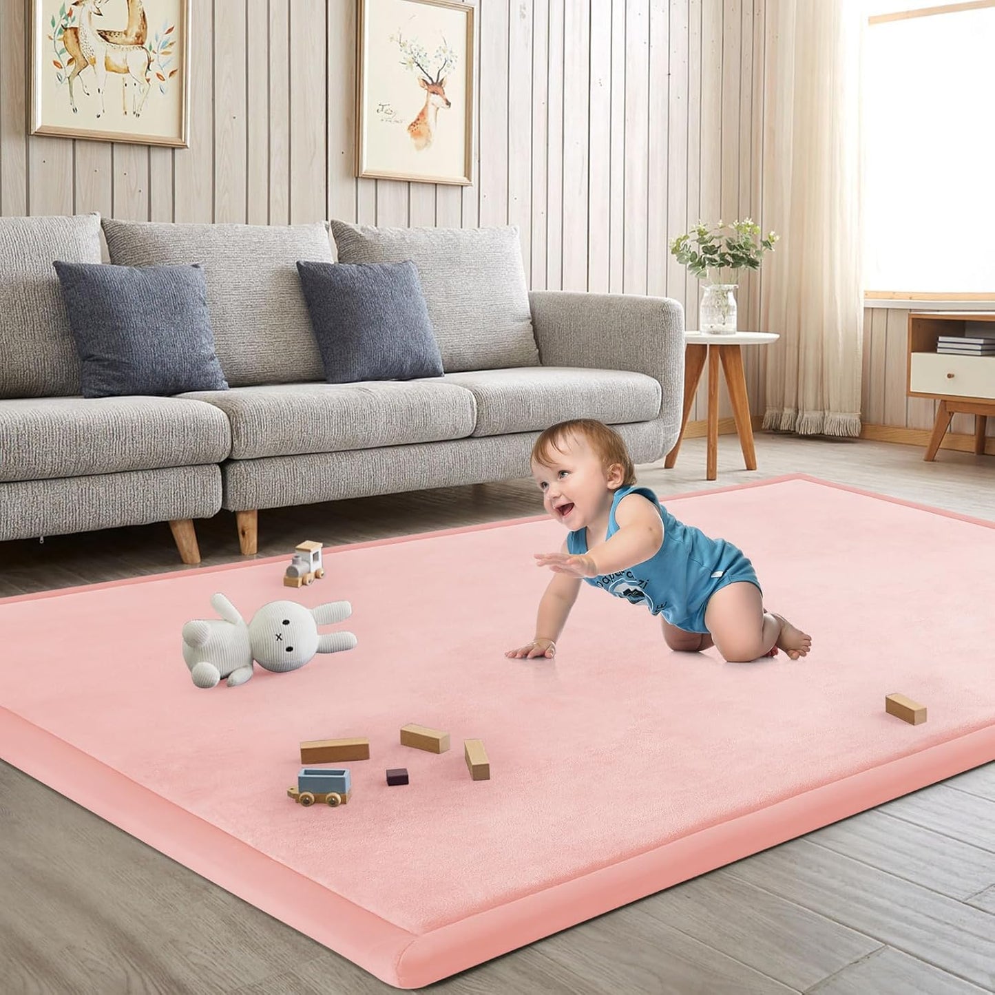 Baby Play Mat for Floor Tummy Time Mat Nursery Muscle Area Rug Playroom Rug Tatami 59"*71" Memory Foam 1.3" Thick Crawling For Babies,Toddlers, Infants, Kids,Floor(Pink)