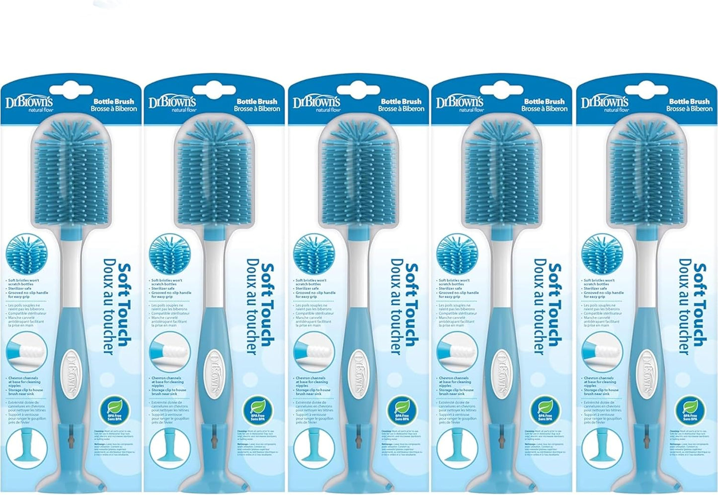 Dr. Brown's Soft Touch No Scratch Baby Bottle Cleaning Brush Nipple Cleaner with Stand and Storage Clip, BPA Free, Blue 1-Pack (Pack of 5)