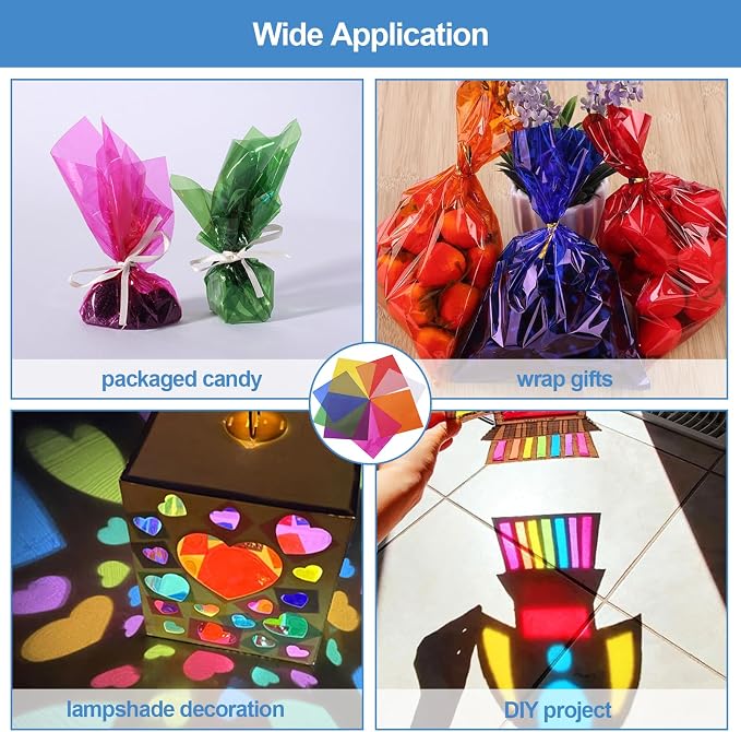 200 Pcs Colored Cellophane Sheets, Cellophane Wrap Paper Color Cello Sheets