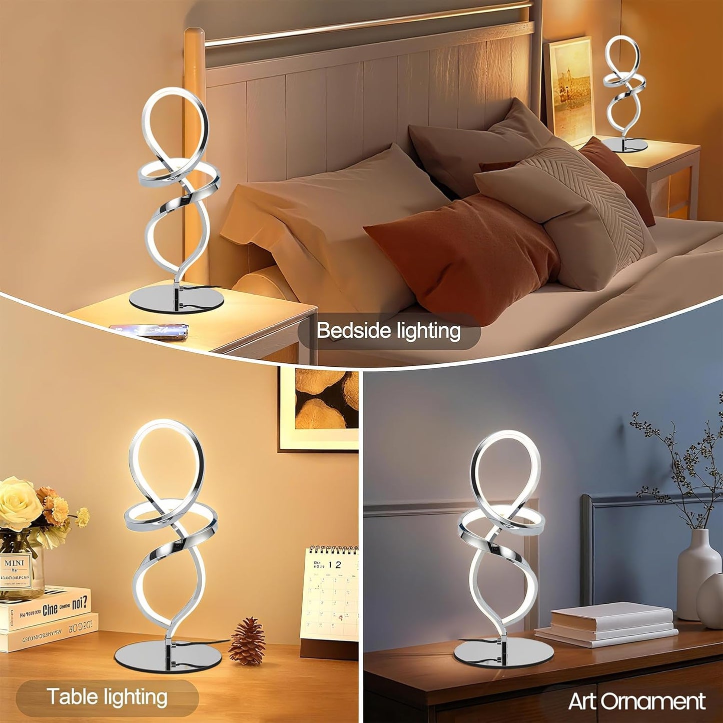Mayful Modern Lamp with LED Spiral Design, Bedside Lamp with Stepless Dimming Switch, Contemporary Nightstand & Chrome Table Lamp for Bedroom, Living Room, Home Office, 12W 3200K Warm White,2 Pack