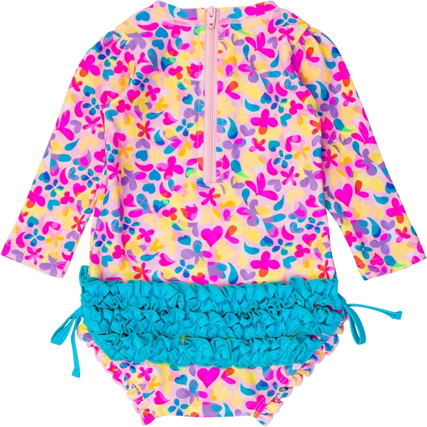 RuffleButts Baby Girls UPF 50+ Sun Protection Novelty Print Long Sleeve One Piece Rash Guard Swimsuit with Zipper