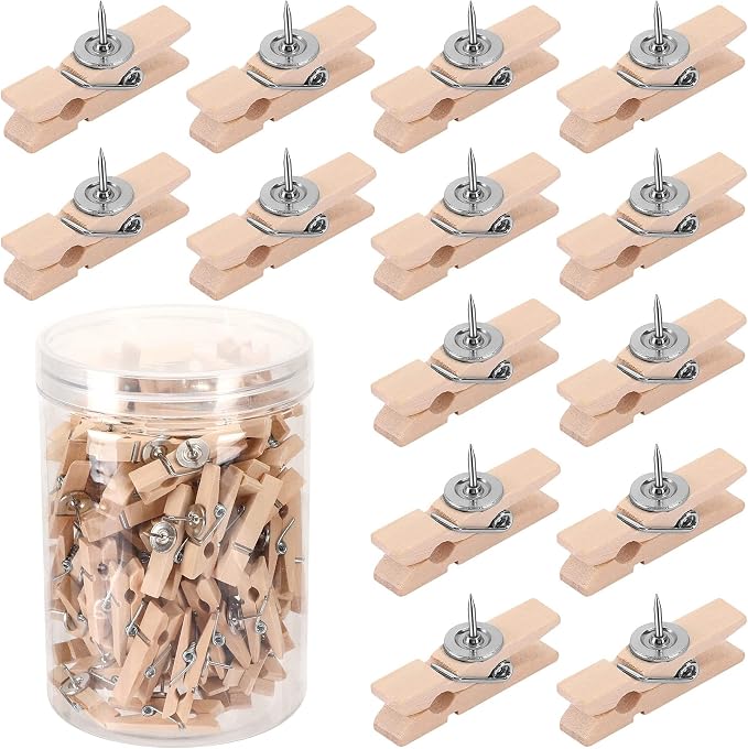 SANNIX 100Pcs Wooden Push Pin Clips, Decorative Clips