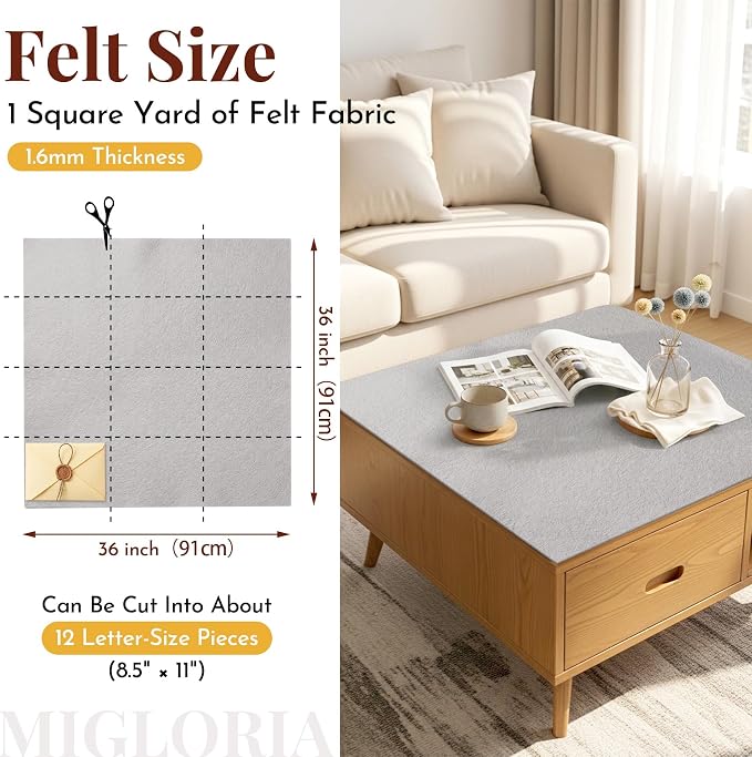 Large Felt Fabric Sheet 36 x 36 Inch, 1.6mm Thick | Soft nonwoven felt