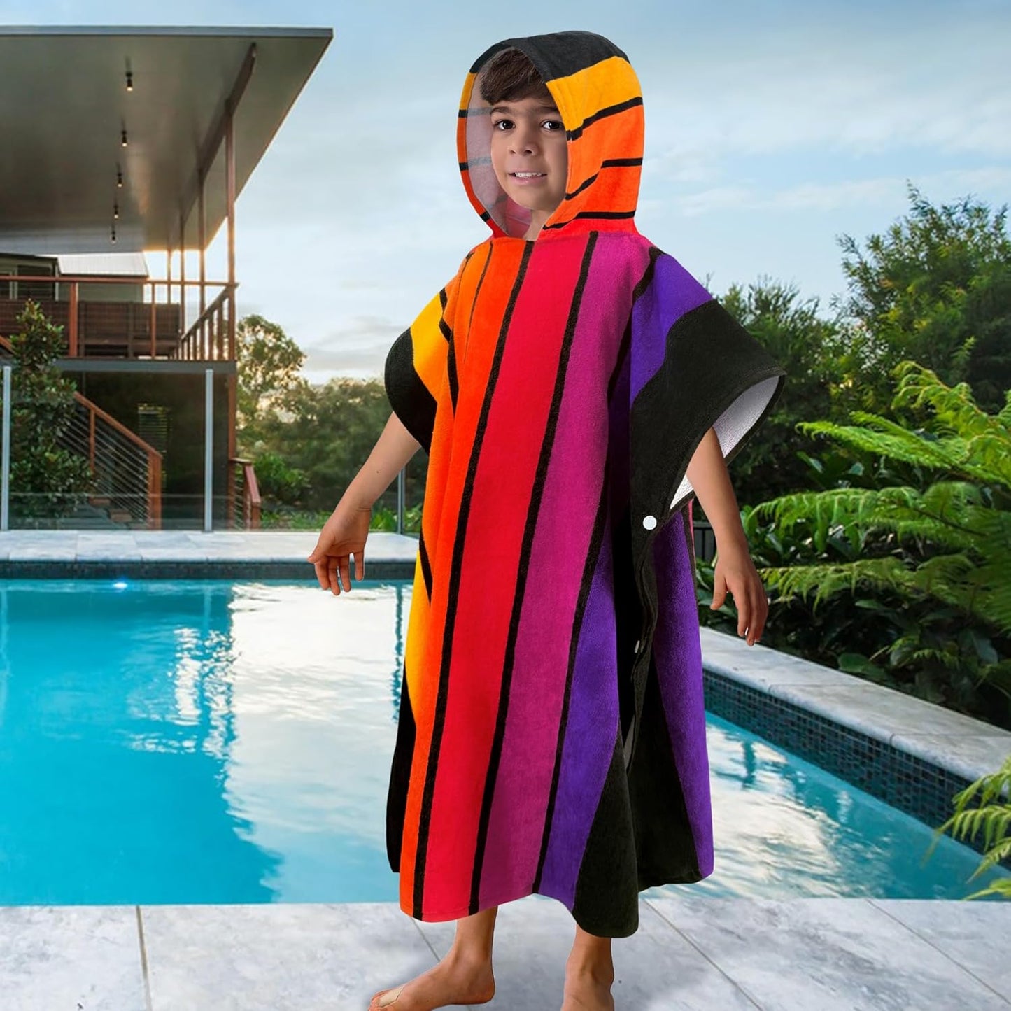 VOOVA & MOVAS Hooded Poncho Towels for Big Kids - (6-12Years), Absorbent Soft 100% Cotton Beach | Bath | Pool Swim Towel with Hood for Boys | Girls - Stripe