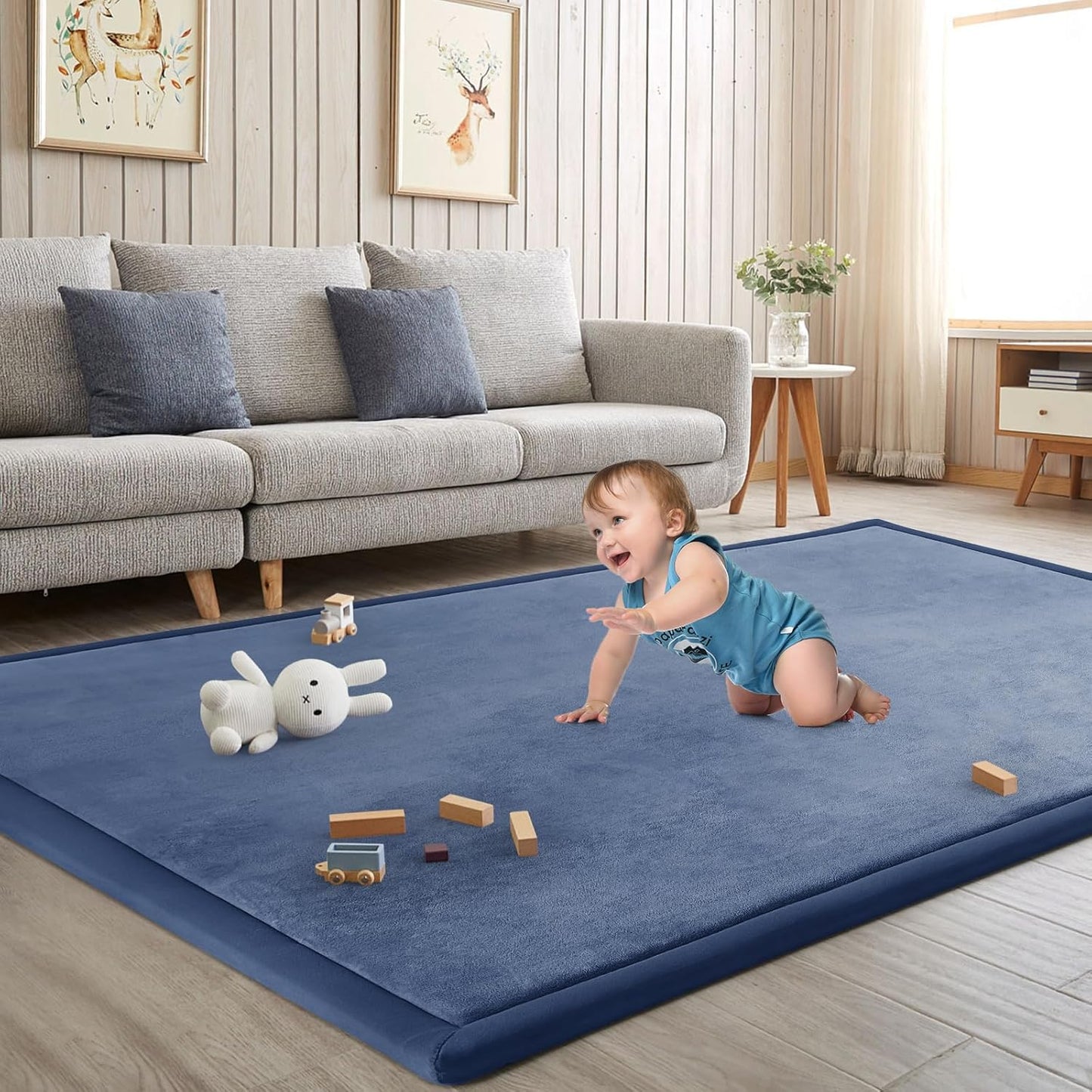 Baby Play Mat for Floor Tummy Time Mat Nursery Muscle Area Rug Playroom Rug Tatami 65"*50" Memory Foam 1.3" Thick Crawling For Babies,Toddlers, Infants, Kids,Floor(Blue)