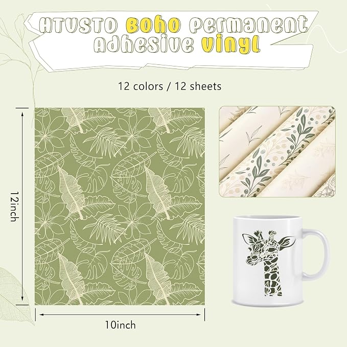Sage Green Boho Permanent Adhesive Vinyl 12 Sheets 12'' x 10'' | Greenery Water