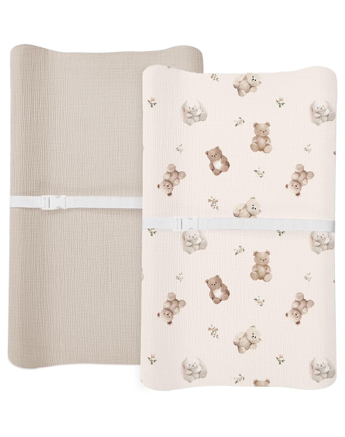 Changing Pad Cover for Baby Boy Girl 2 Pack, Muslin Changing Table Pad Covers with Boho Style, Neutral Nursery Bedding Essentials Soft and Breathable (Teddy & Friends)