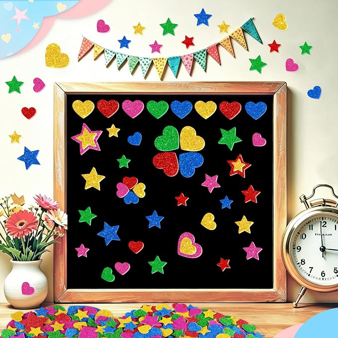 625Pcs Foam Stickers Glitter Colorful Heart Star Shapes Stickers 5Sheets 3D