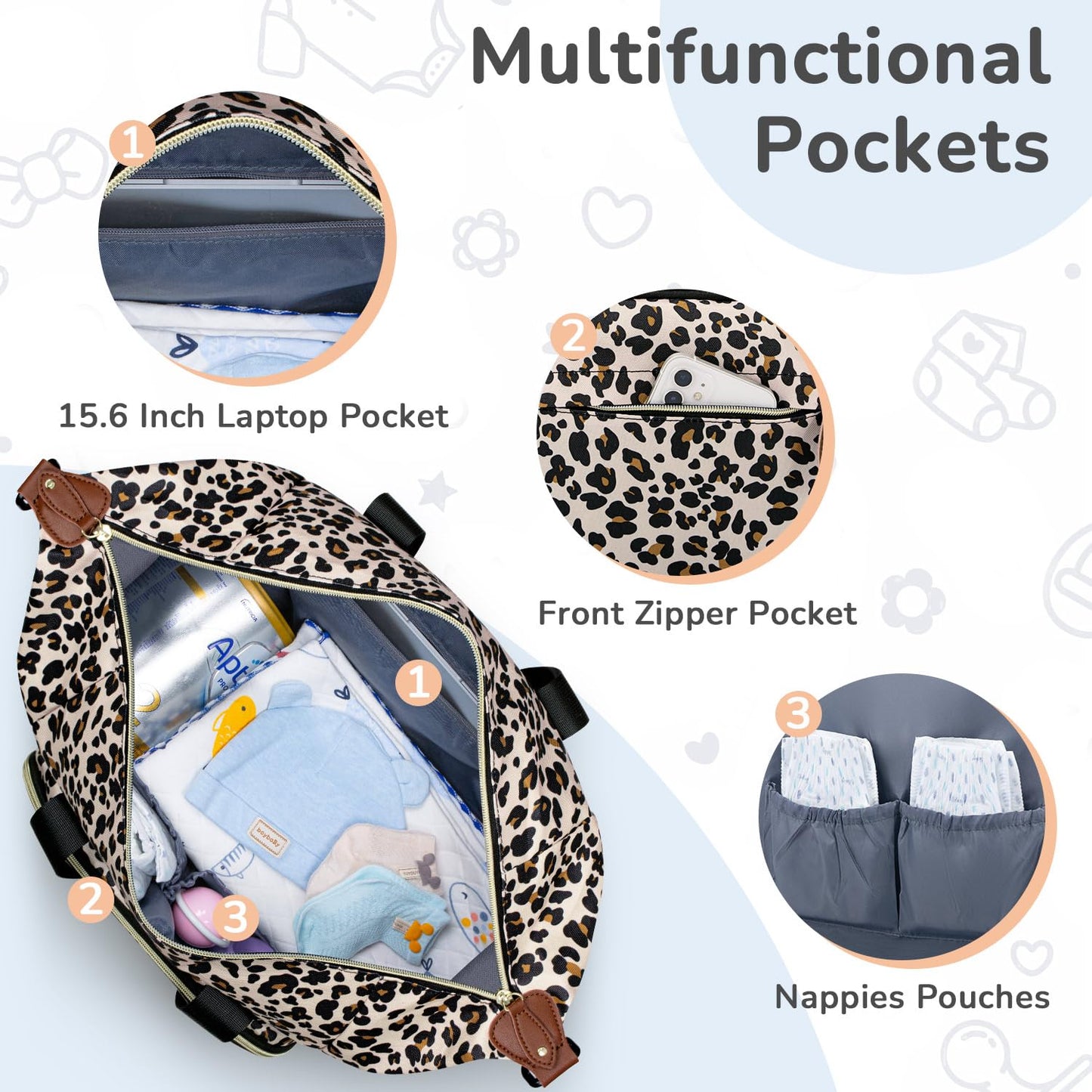 Diaper Bag Tote, Baby Bag Travel Diaper Tote Bag with Pacifier Case, Cute Maternity Hospital Baby Stylish Diaper Tote for Mom Dad Leopard Print