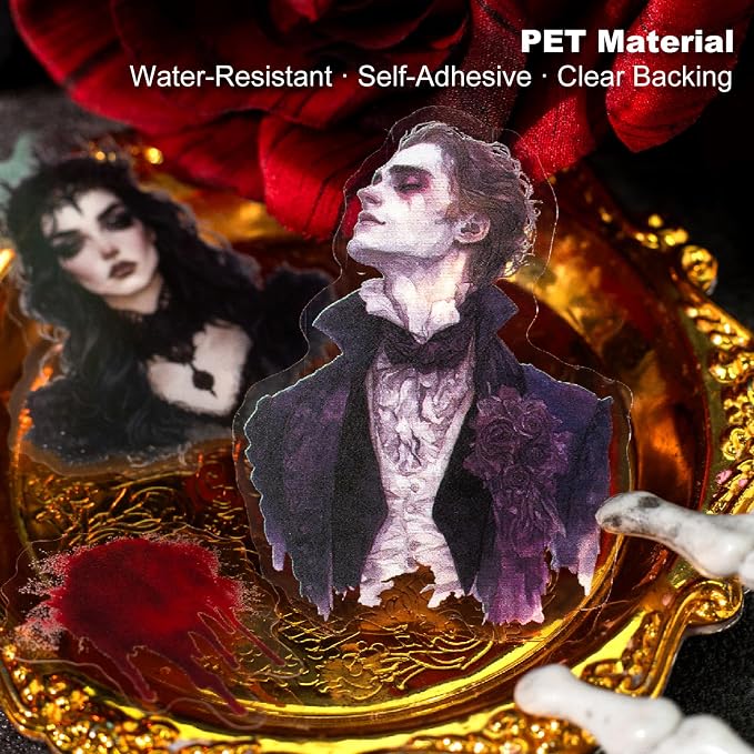 180PCS Night Falls PET Stickers, Dark Gothic Collage; Vampire Queen & Moon Elf